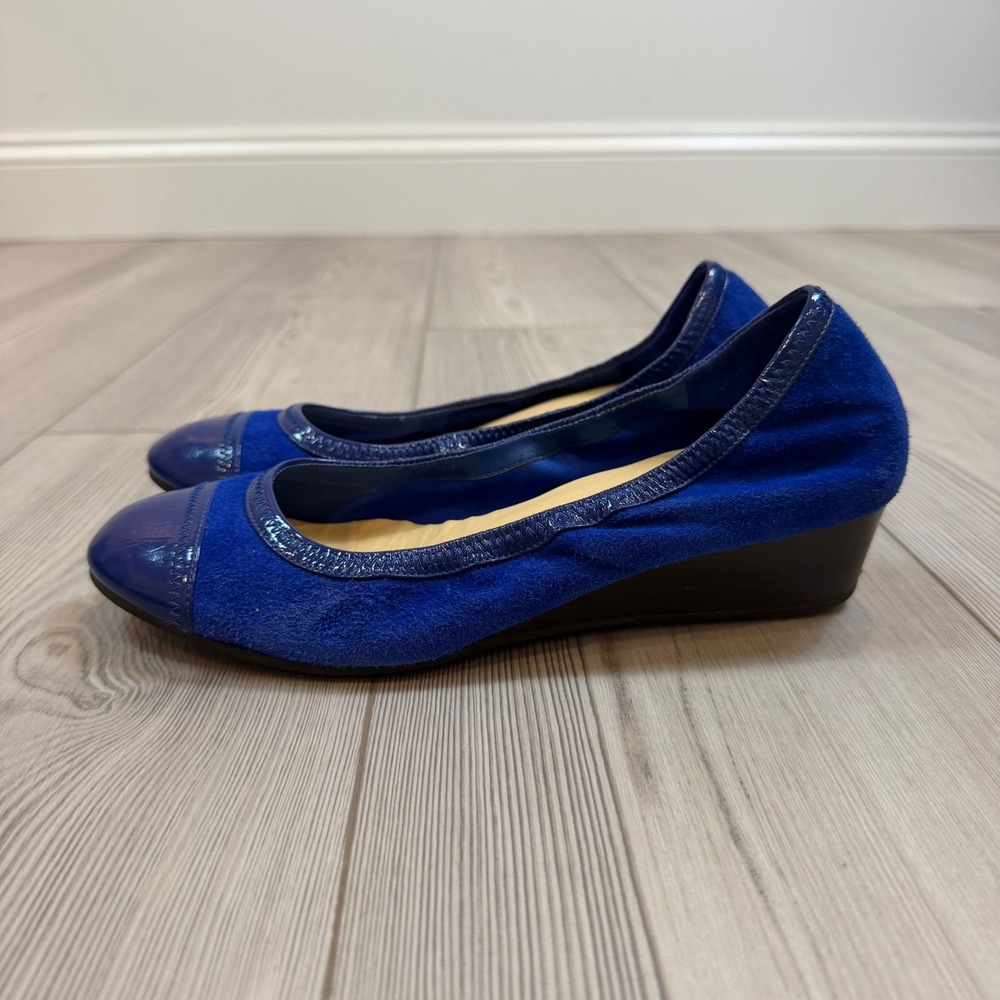 Cole Haan Nike Air Milly Blue Suede Patent Cap Toe Wedge Pumps D38704 8.5B